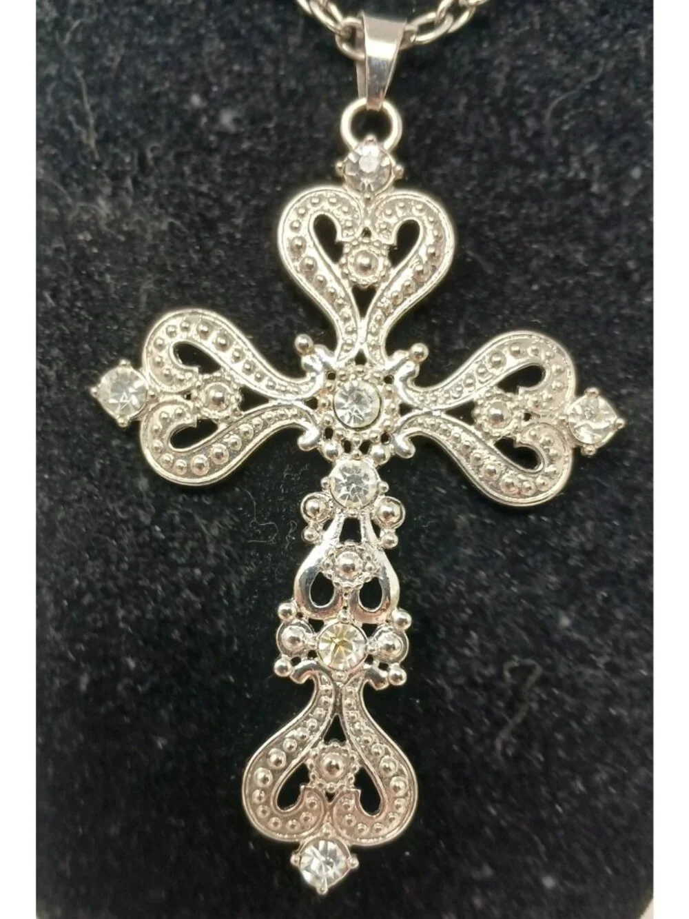 SilverTone Filigree Cross W/ Hearts Necklace Clear Rhinestones Statement 32" #J1 - Picture 4 of 6